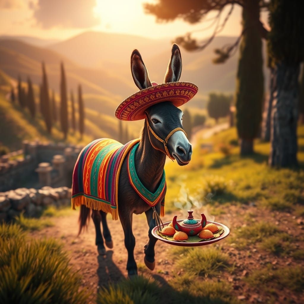 Vibrant Burro in Campo, Savoring Colorful Espaguetis