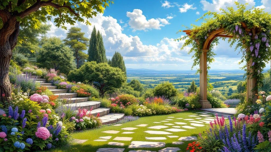 Tiered Garden Oasis with Pergola in Impressionist Style