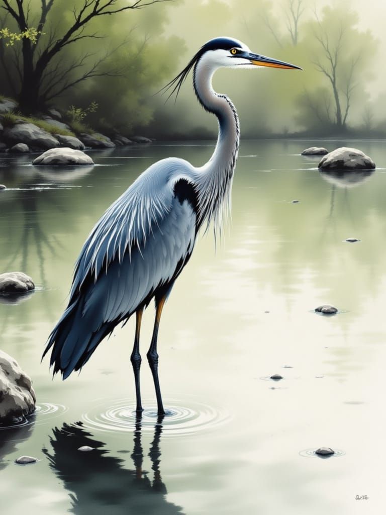 Majestic Great Blue Heron in Serene Pond Landscape
