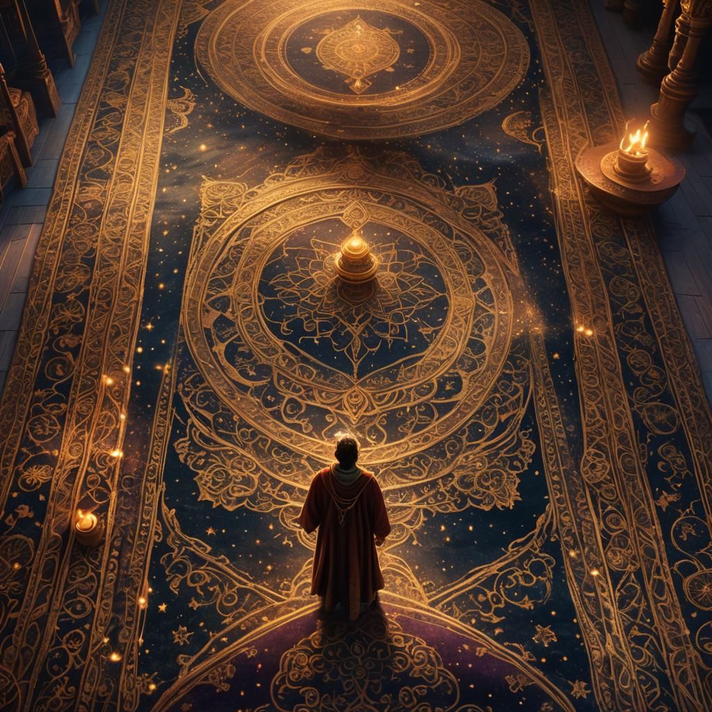 Magic Carpet Unveiled: Fantasy Art on Dimly Lit Stage