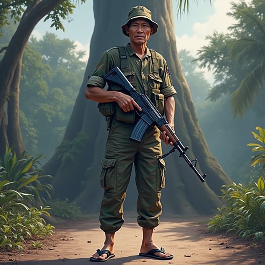 Cambodian Soldier in Jungle Camo, Khmer Art Style