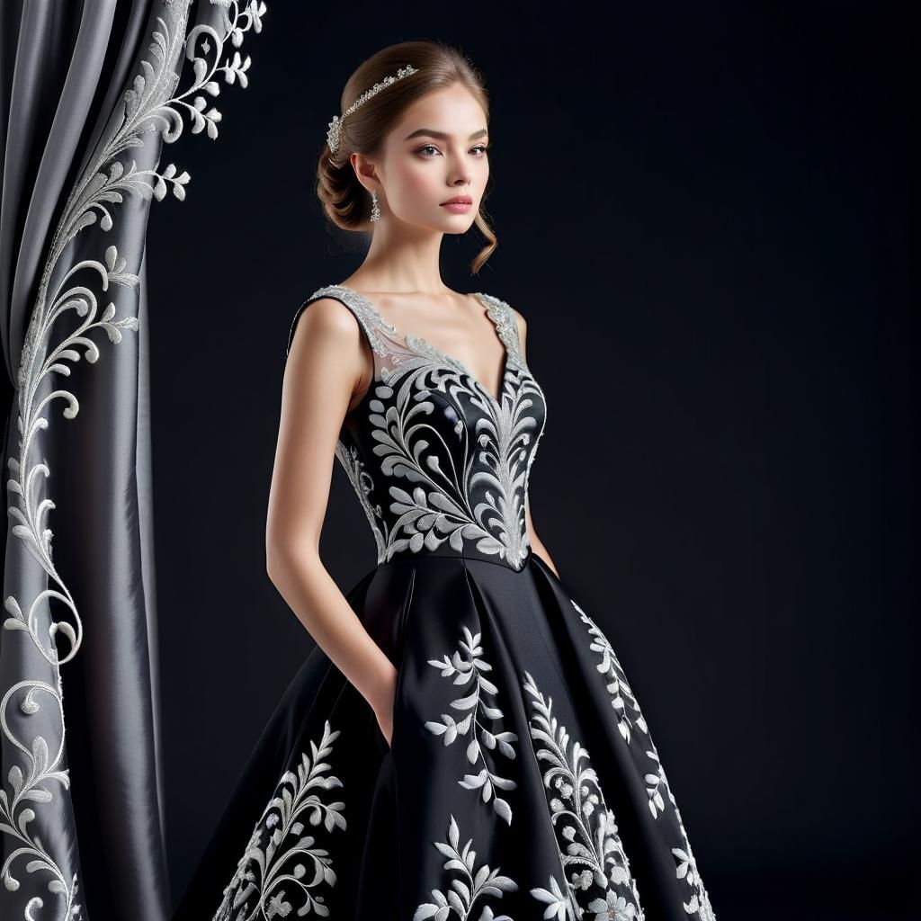 Elegant Woman in Black Ball Gown Portrait
