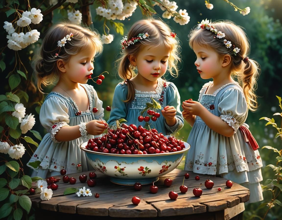 Children Eating Cherries in Garden, Painterly Style