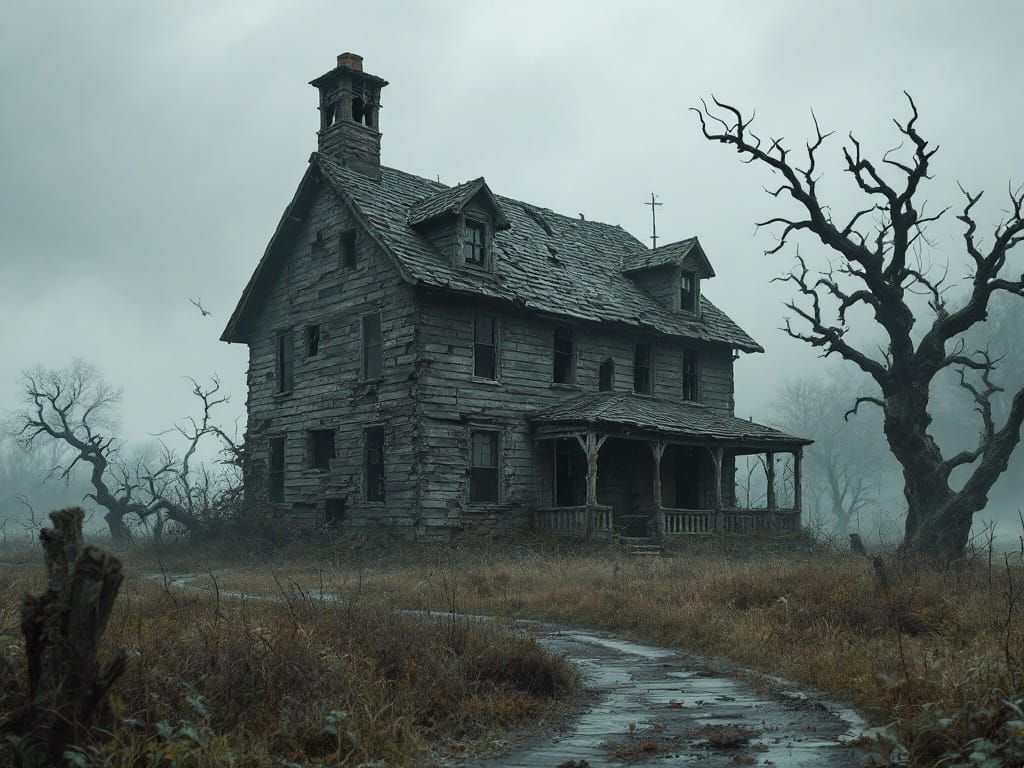 Haunting Dilapidated Farmhouse in Dark Atmospheric Style