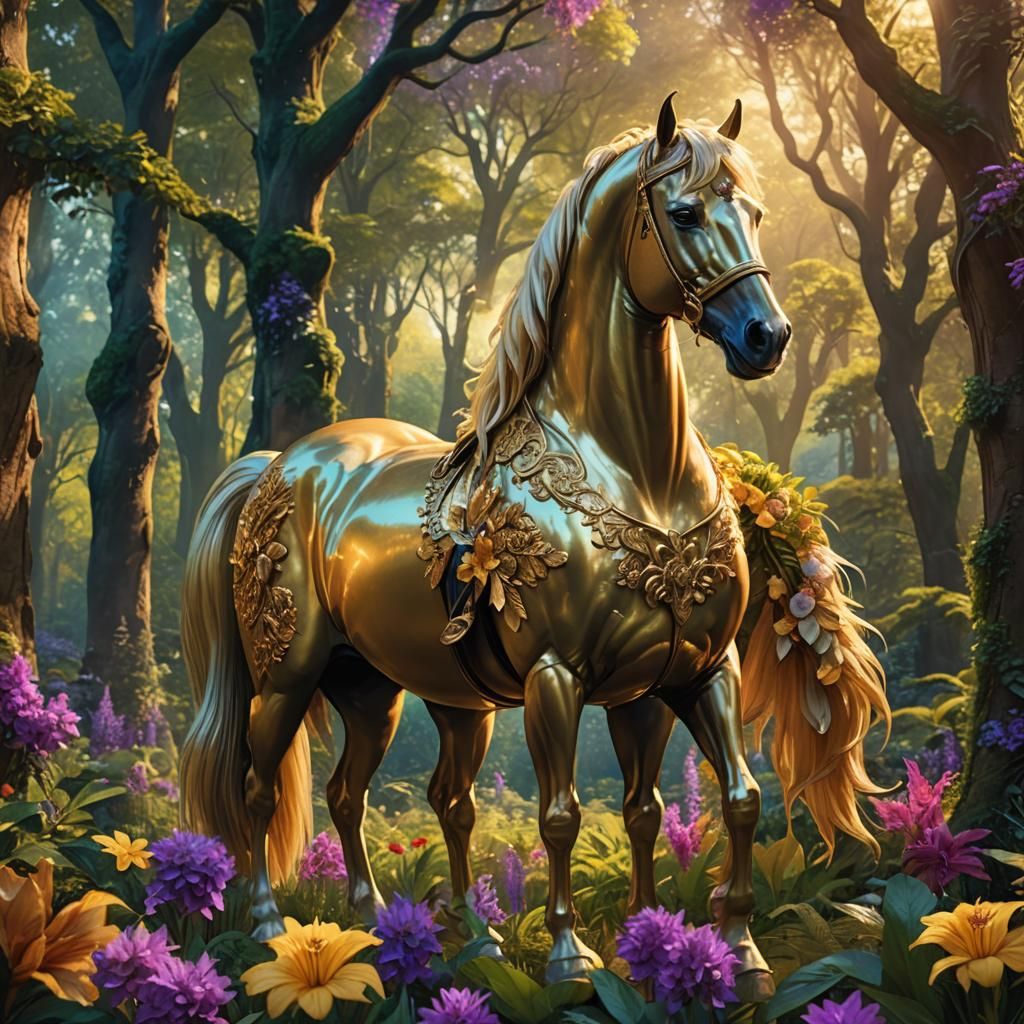 Regal Golden Horse in Lush Forest