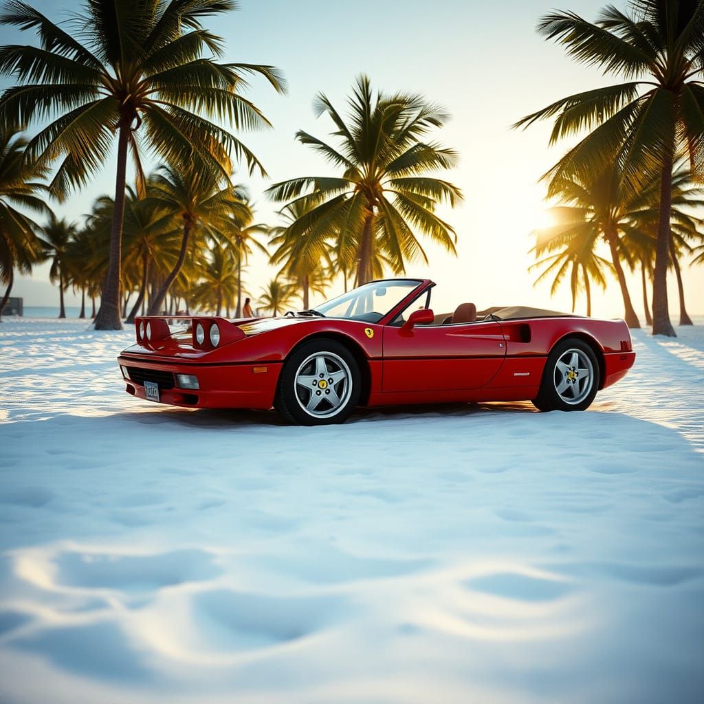 A hyperrealistic Ferrari 358 GTO convertible parked on a snow-covered Hawaiian beach, palm trees swaying gently in the b...