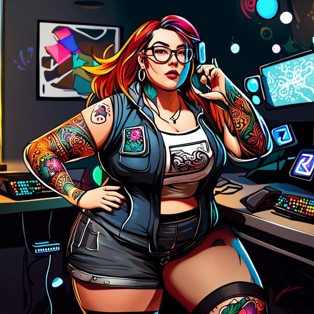 Plus Size Gamer Girl in Hyperrealistic Splash Art