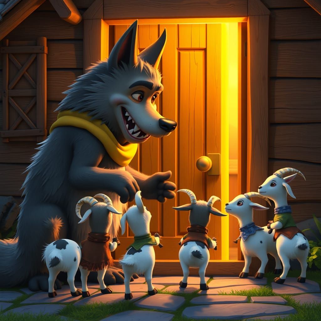 Big Wolf and Seven Goats in Pixar Style