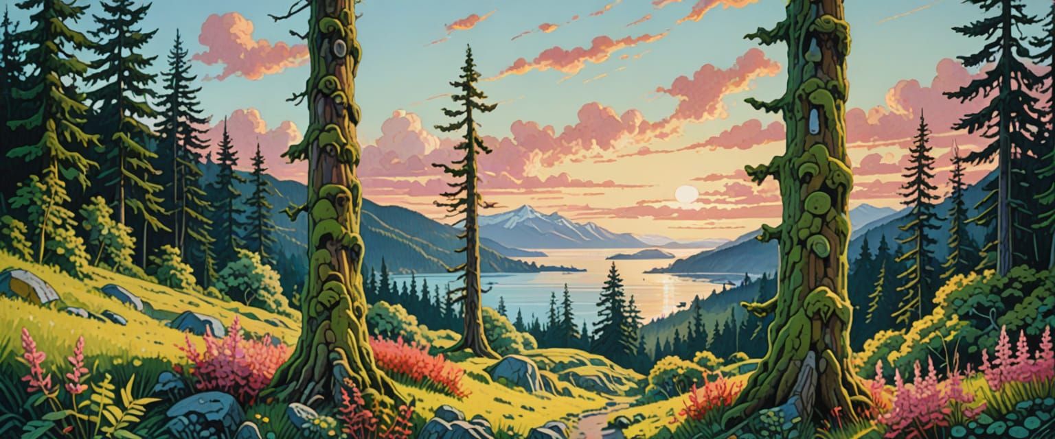 Totem Poles on BC Coast in Bright Morning Light