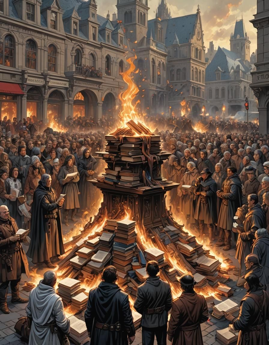 Inquisitor Burning Books in Town Square