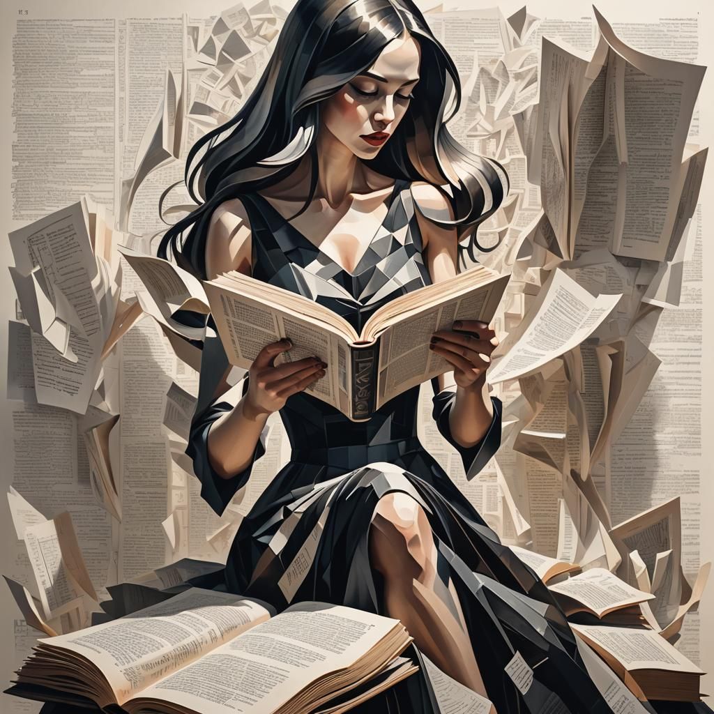Cubist Woman Reading a Massive Book