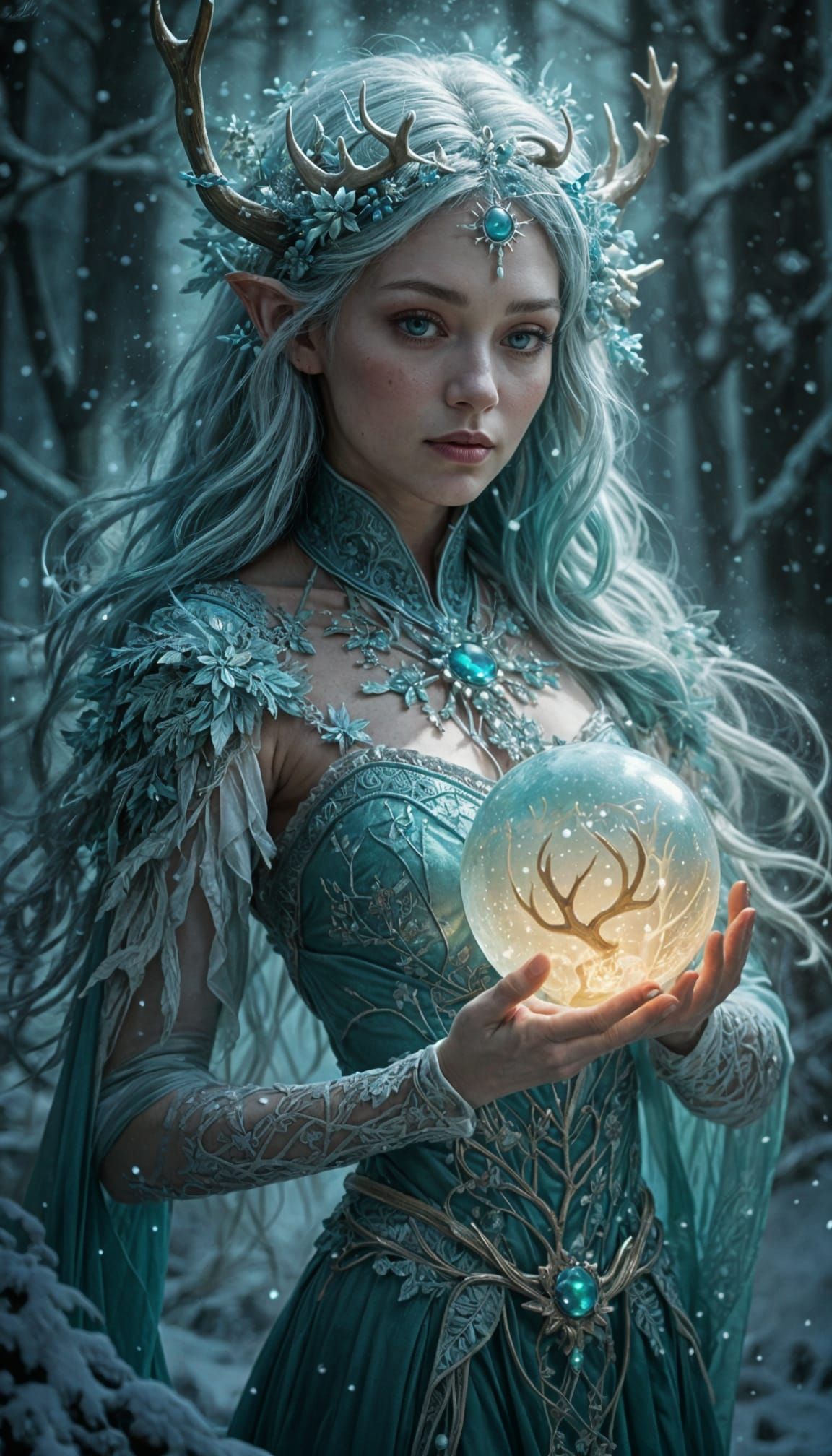 Teal Orb Goddess with Antlers in Jewett Style