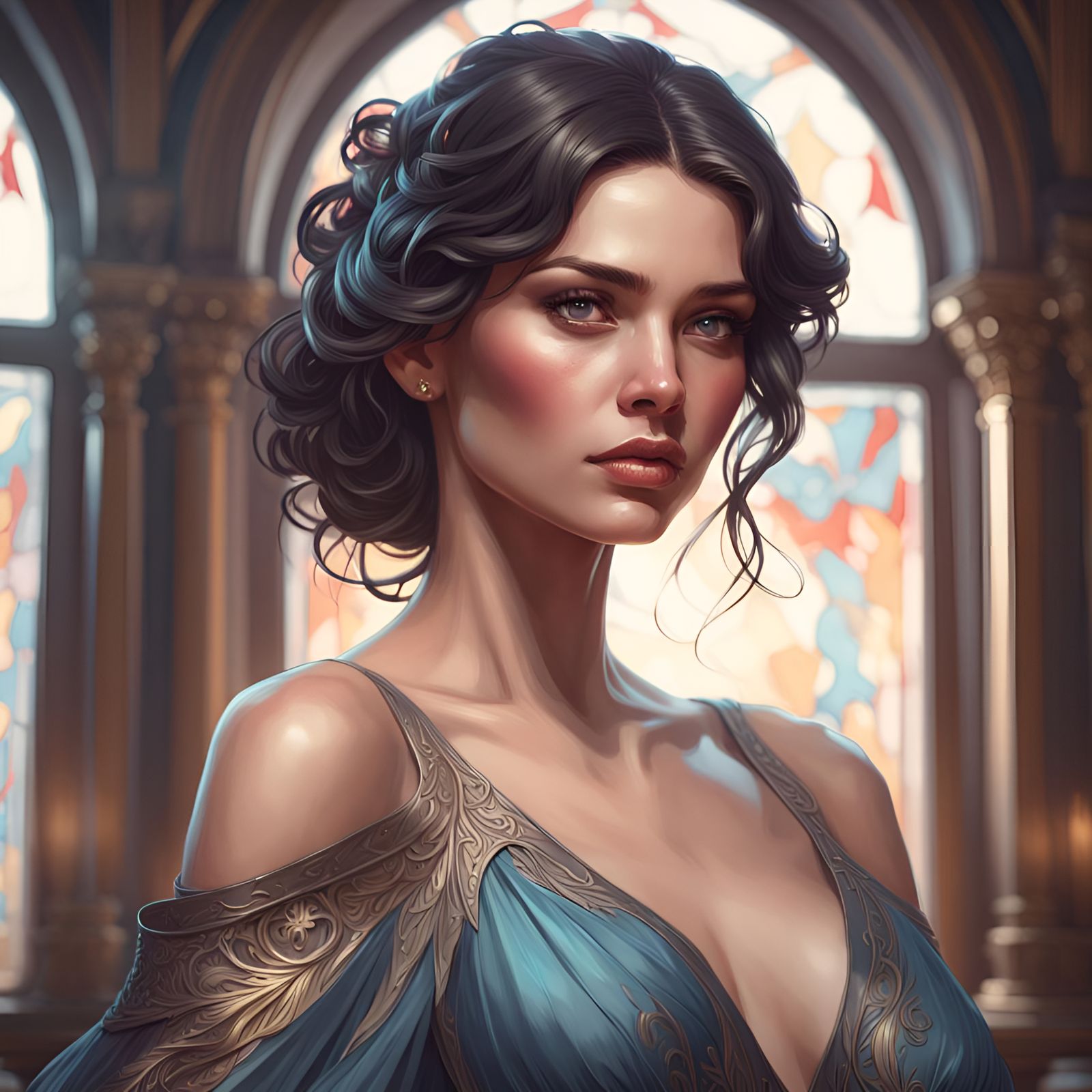 Elegant Dark-Haired Woman Portrait in Art Nouveau Style
