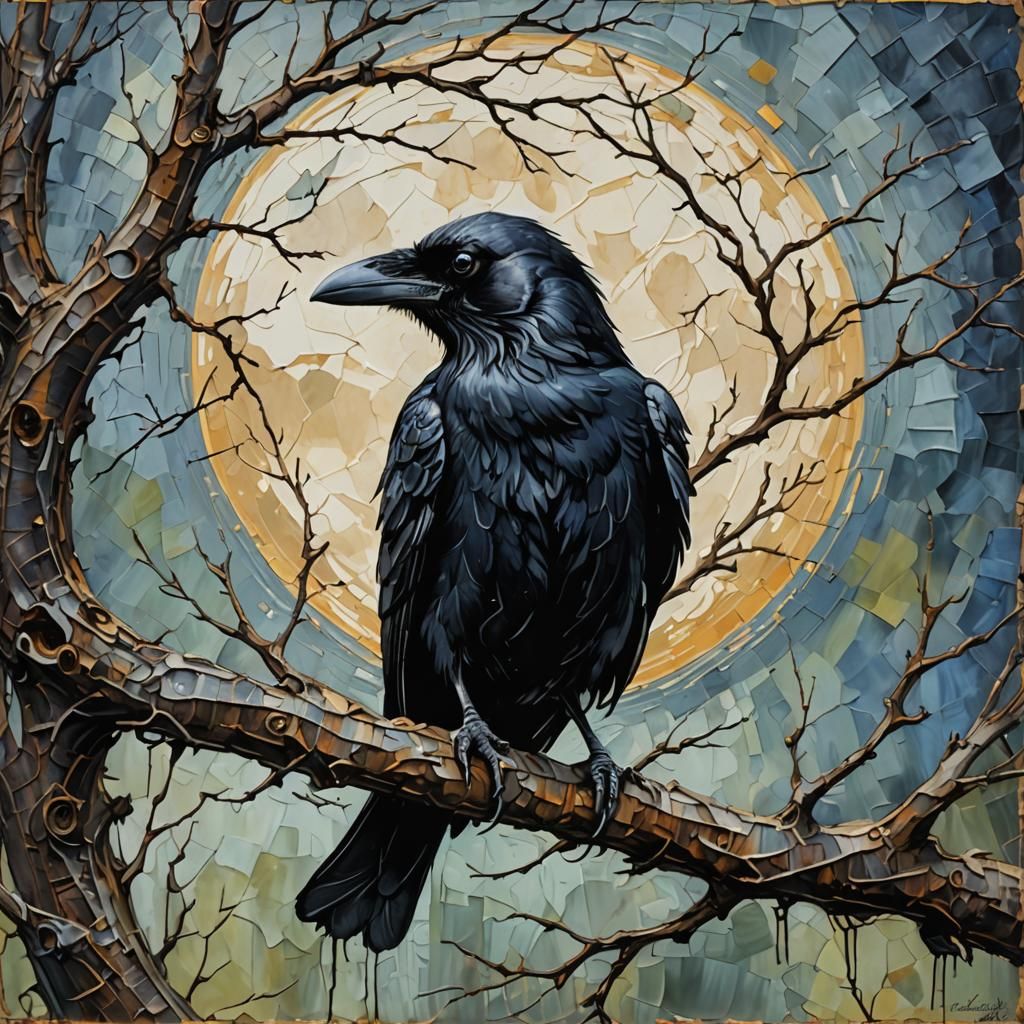 Crow on Branch in Impasto Painting Style