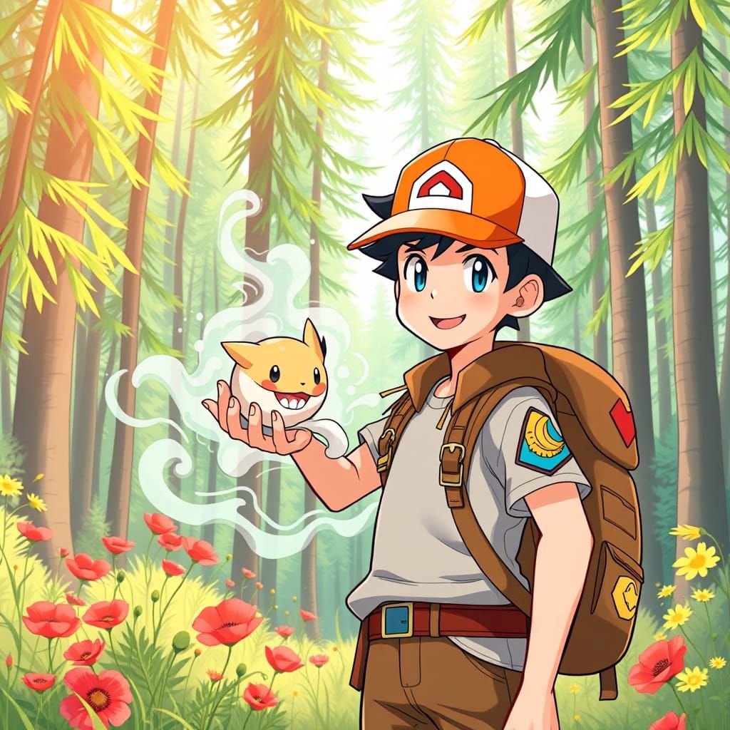 Young Adventurer with Fart-Based Pokémon in a Lush Forest