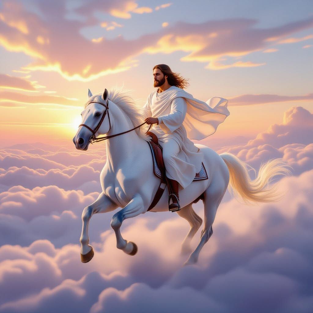 Jesus on Majestic Horse in Ethereal Dawn Clouds