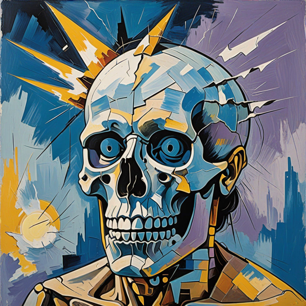 Cubist Masterpiece: Deconstructed Skull with Vibrant Lightni...