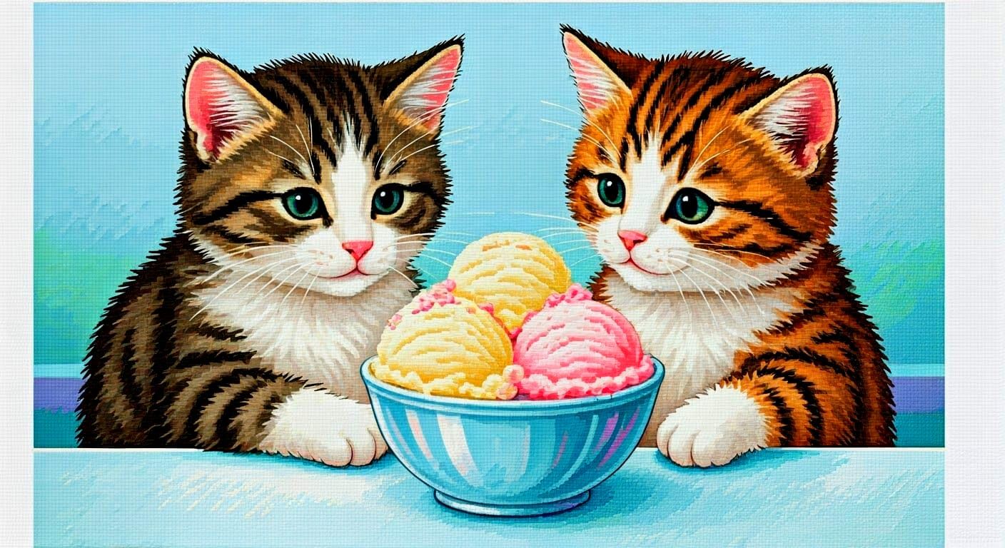 Kittens Enjoy Ice Cream Together in Colorful Cross-Stitch Ar...