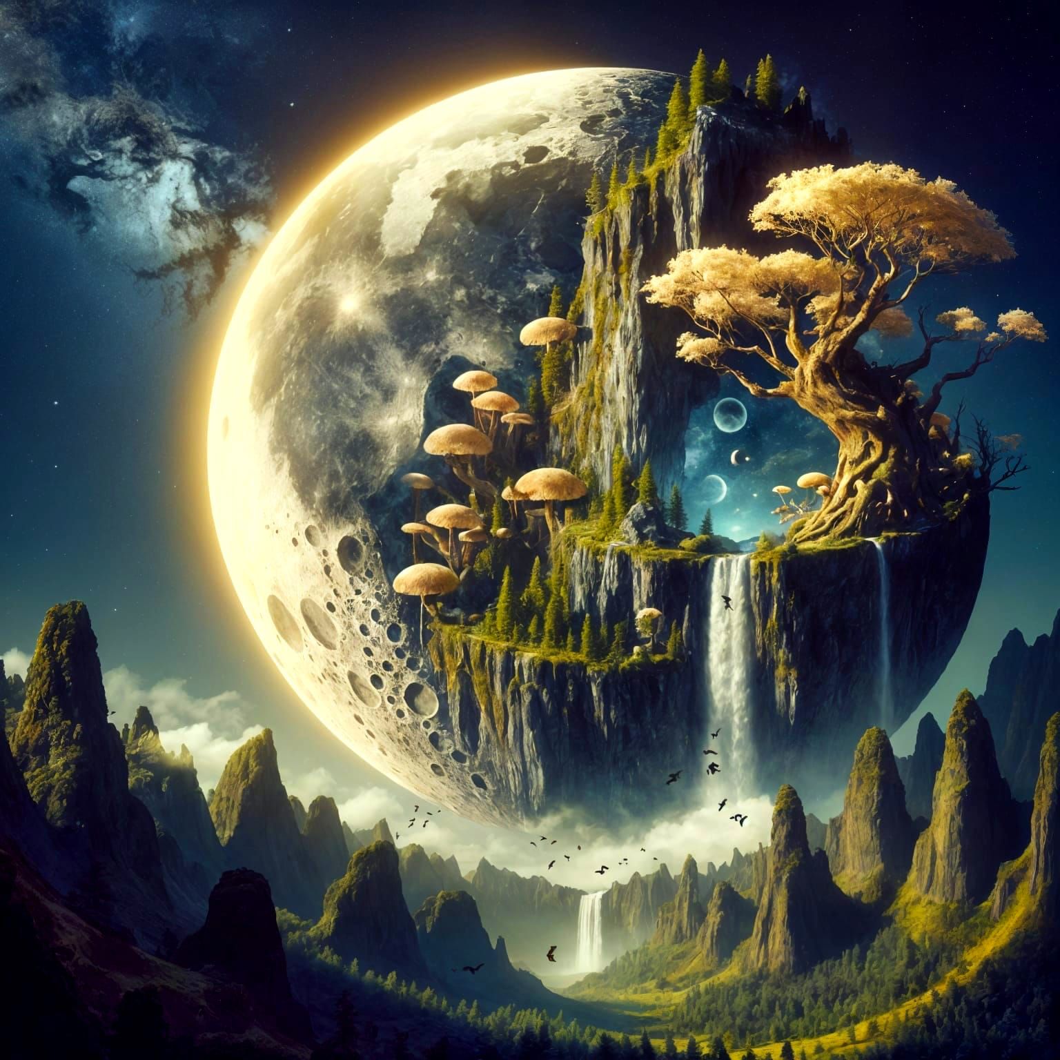 Glowing Crescent Moon Ecosystem in Mountain Valley