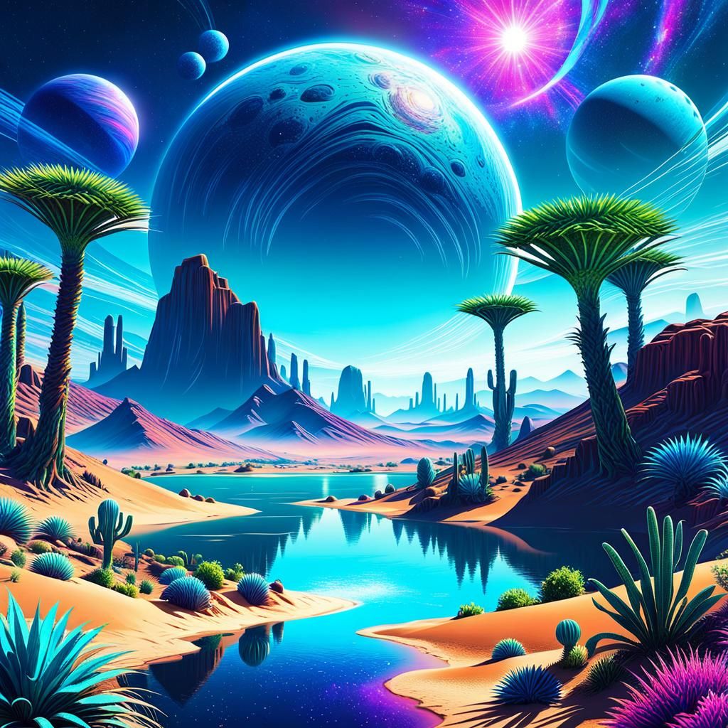Lush Oasis on Surreal Desert Planet in Holographic Style