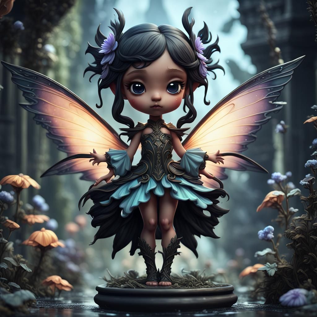 Charming Black Porcelain Chibi Fairy: Fantasy Art