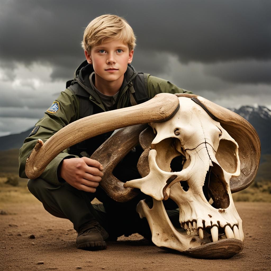 Explorer Holds Elephant Skull: Professional Color Portrait
