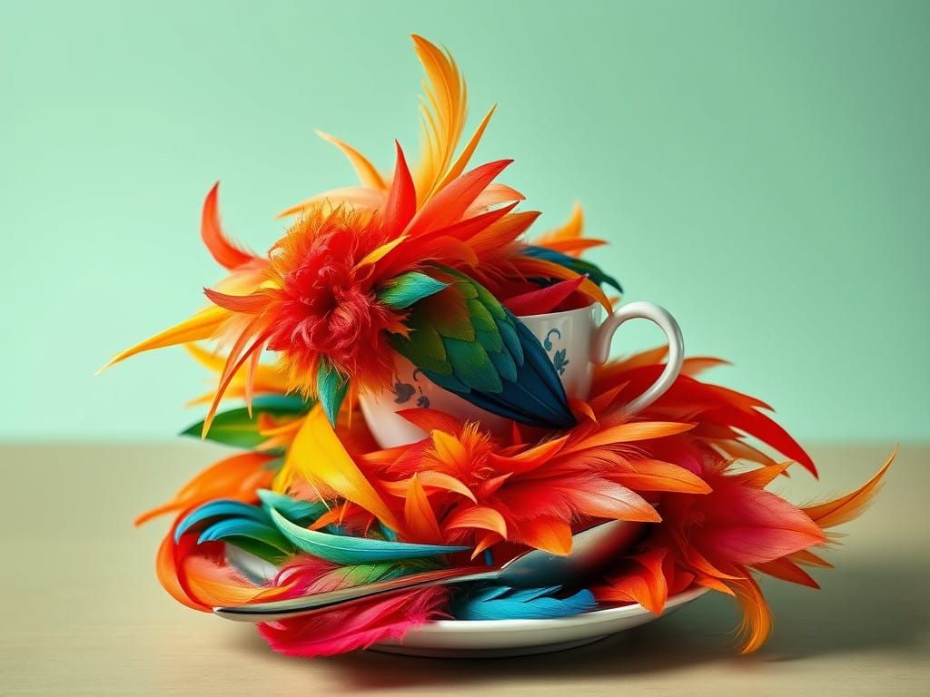 Whimsical Surrealist Sculpture with Feathered Tea Set