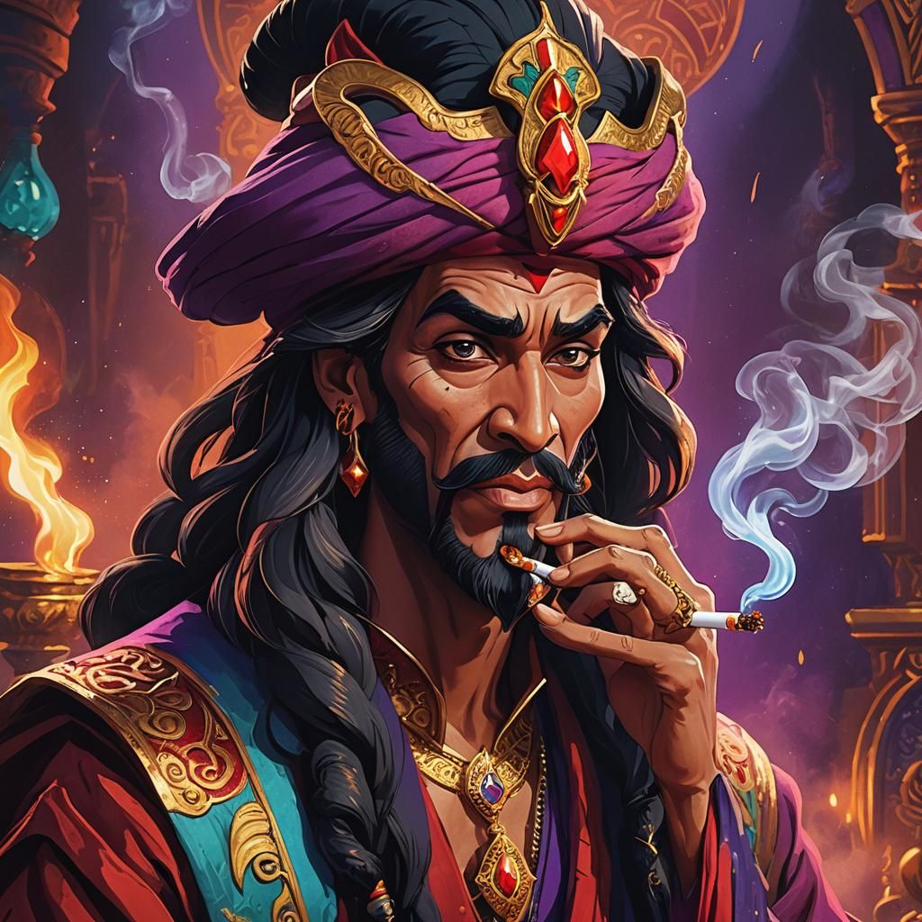 Hyperrealistic Jafar from Aladdin Smoking