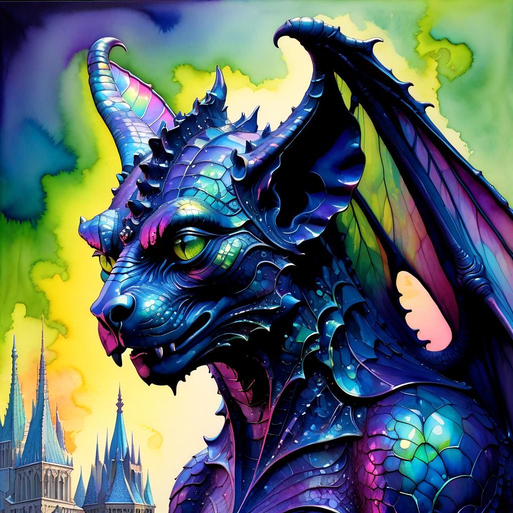 Hyperdetailed Iridescent Gargoyle in Watercolor Style