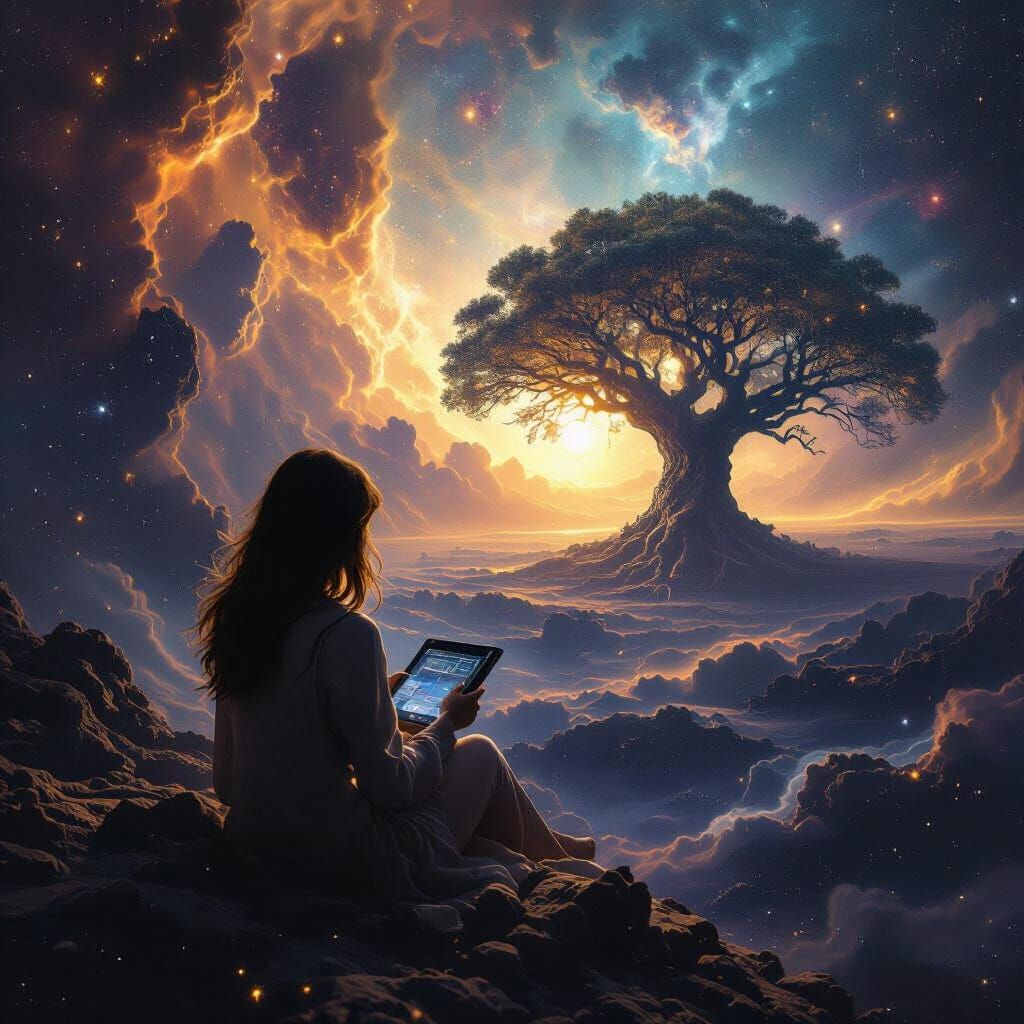 Woman Adrift in Cosmic Nebula with Nebulous Tree