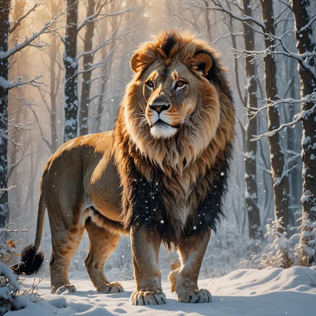 Winter Lion in Snowy Forest, Fantasy Illustration