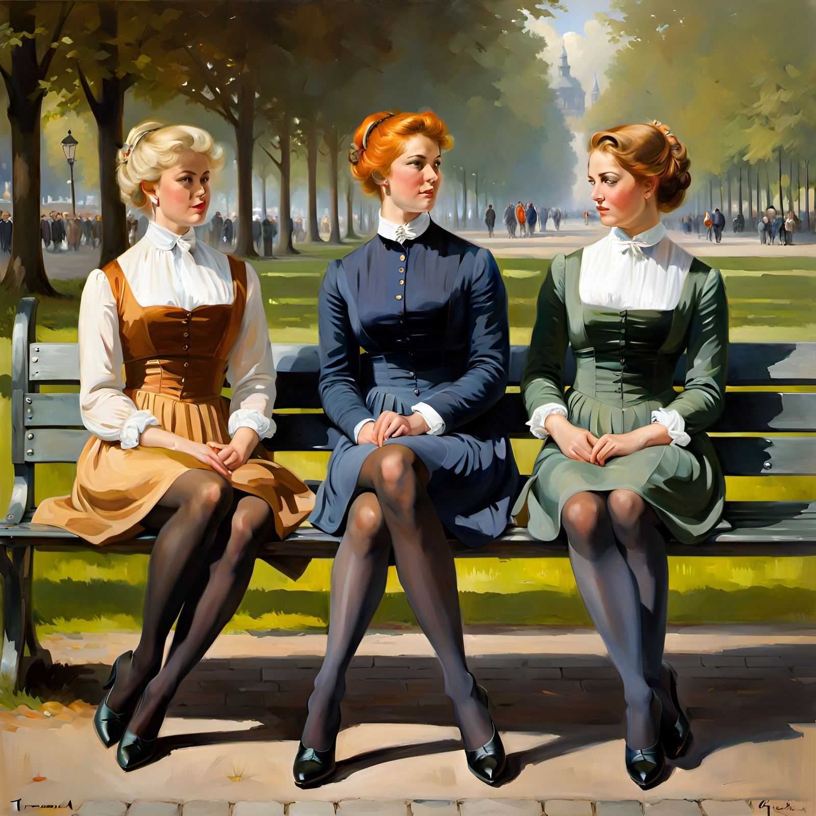 Three Girls in Copenhagen, Classical Oil Painting
