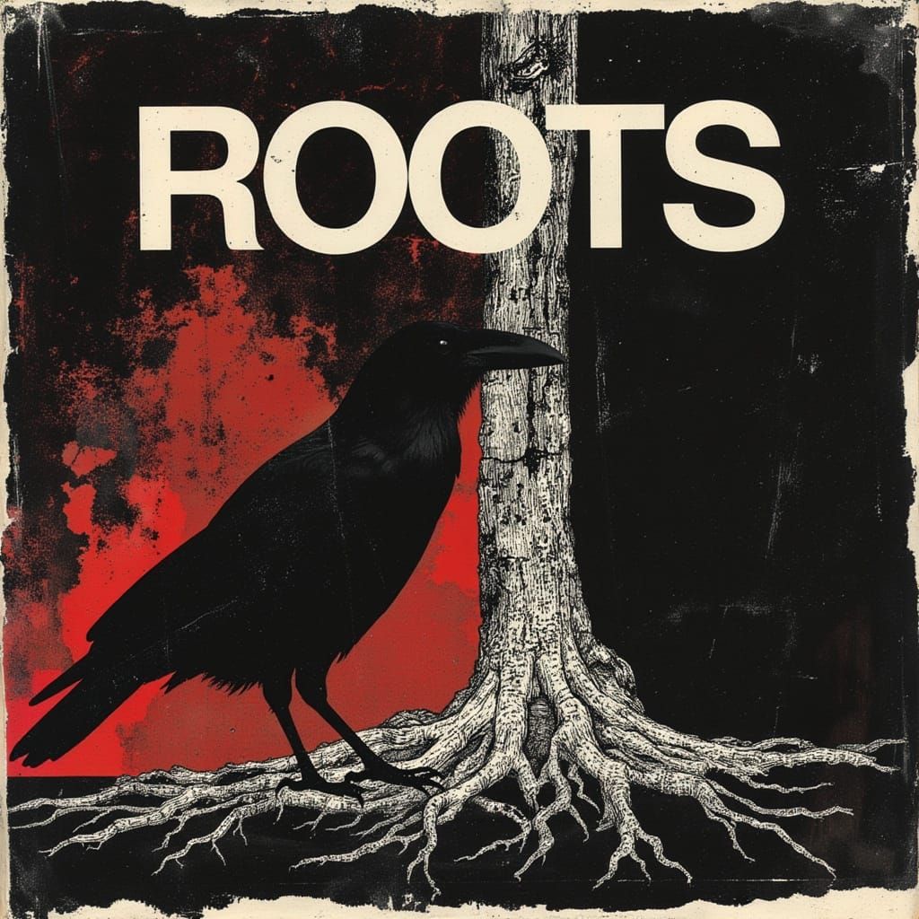 Mysterious Crow Amidst Twisted Roots in Dark Fantasy Style
