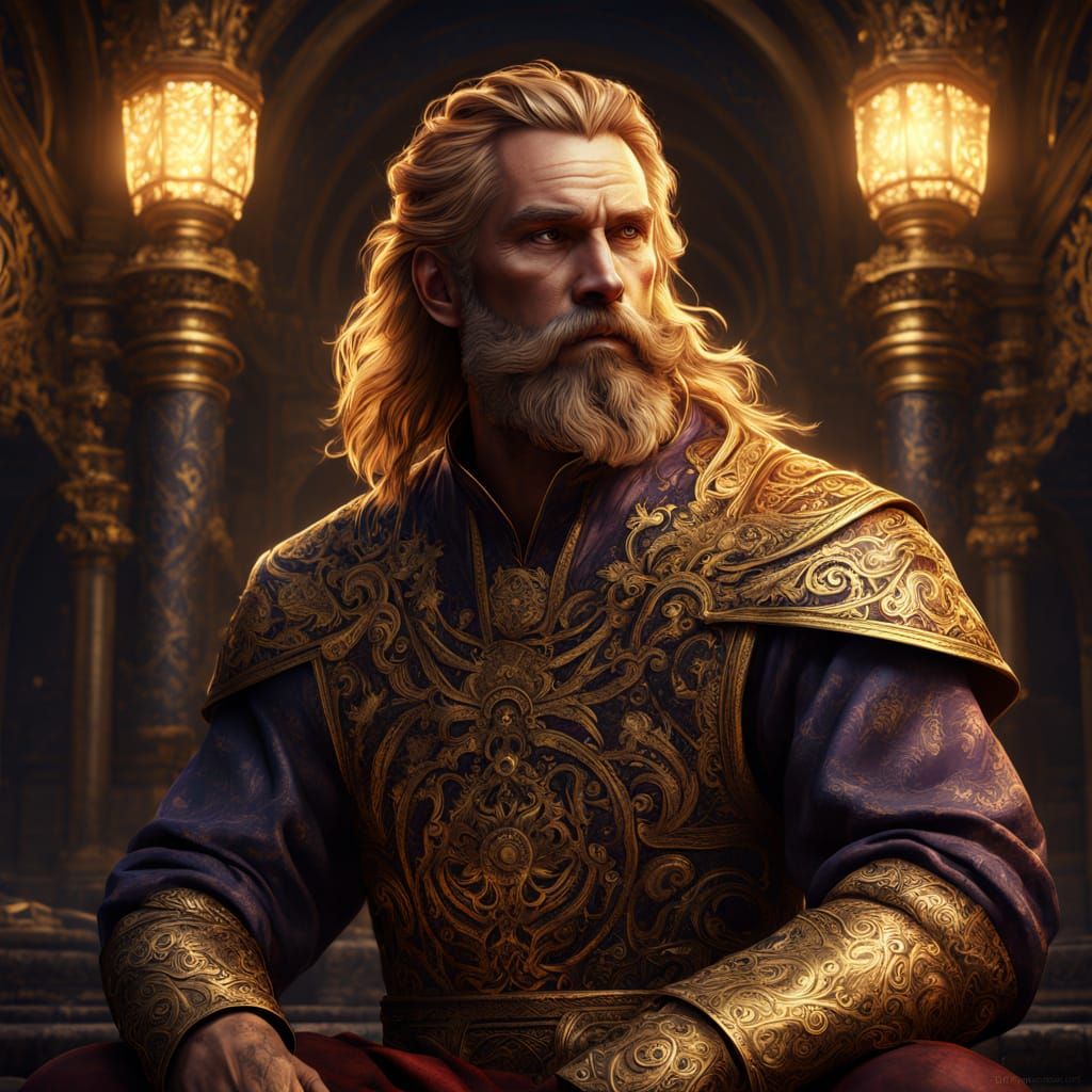 Charismatic Dark Fantasy Warrior in Red and Gold