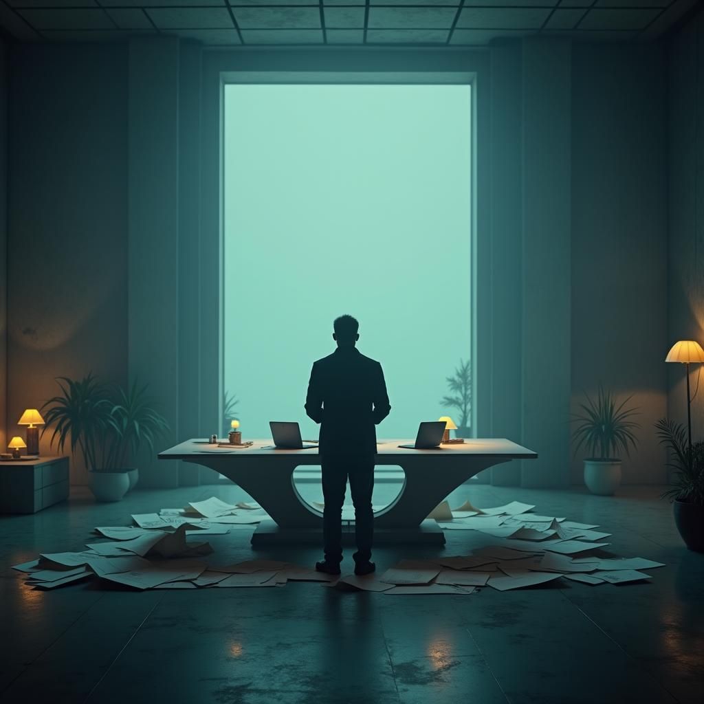 Entrepreneur Contemplates AI Business Launch in Noir Style