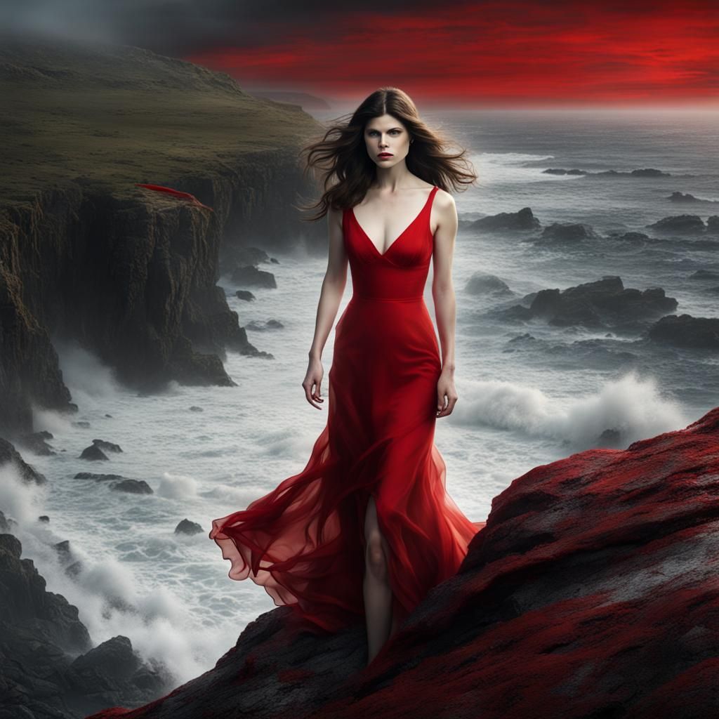Woman in Red Dress on Cliff with Waves