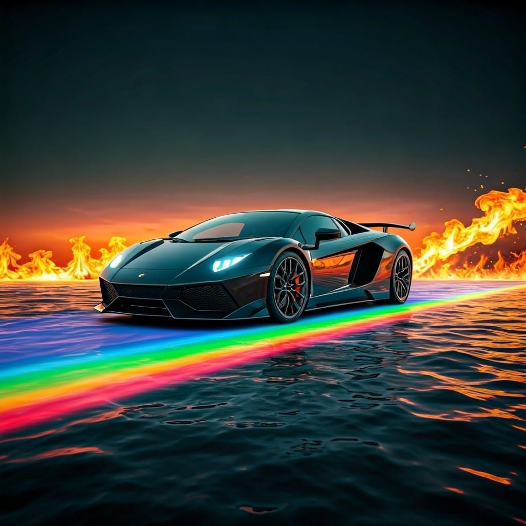 Supercar on Rainbow Bridge Over Fire Ocean