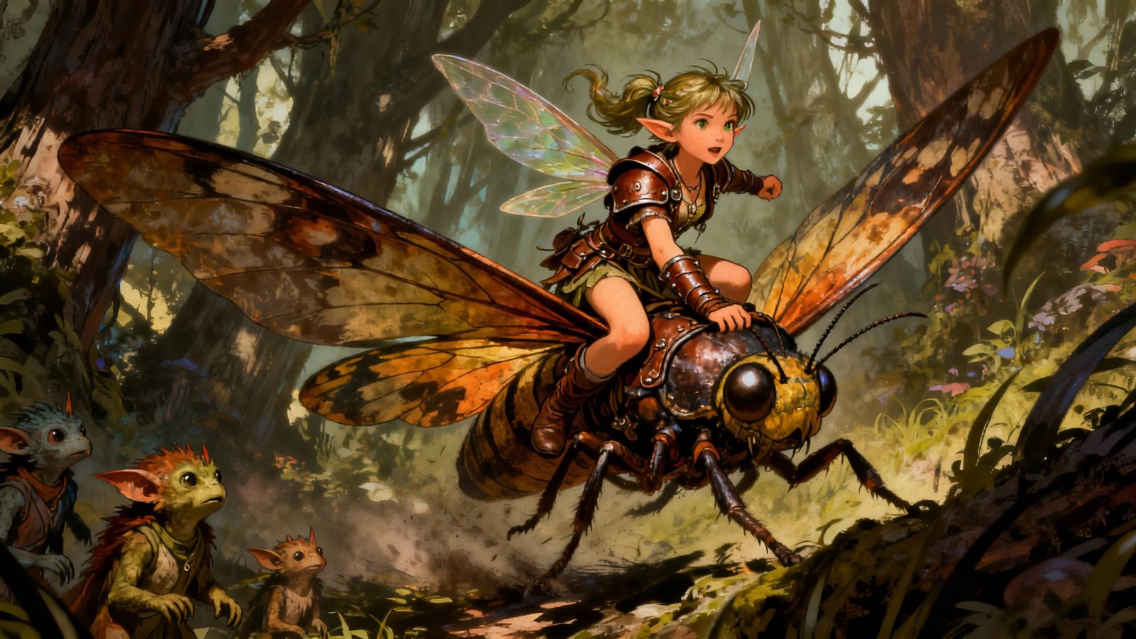 Pixy Fairy Princess Rides Armored Moth in Enchanted Forest