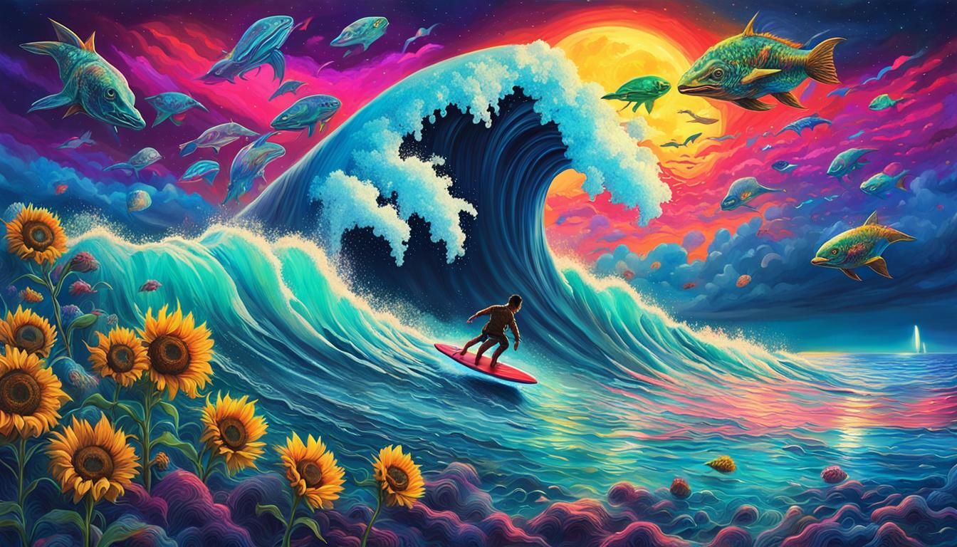 Ocean Creatures Surfing in Cyberpunk, Digital Illustration