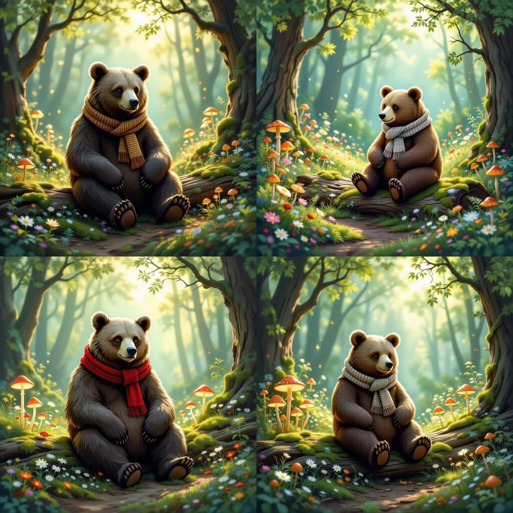 Gnarled Bear in Enchanted Forest with Luminescent Mushrooms