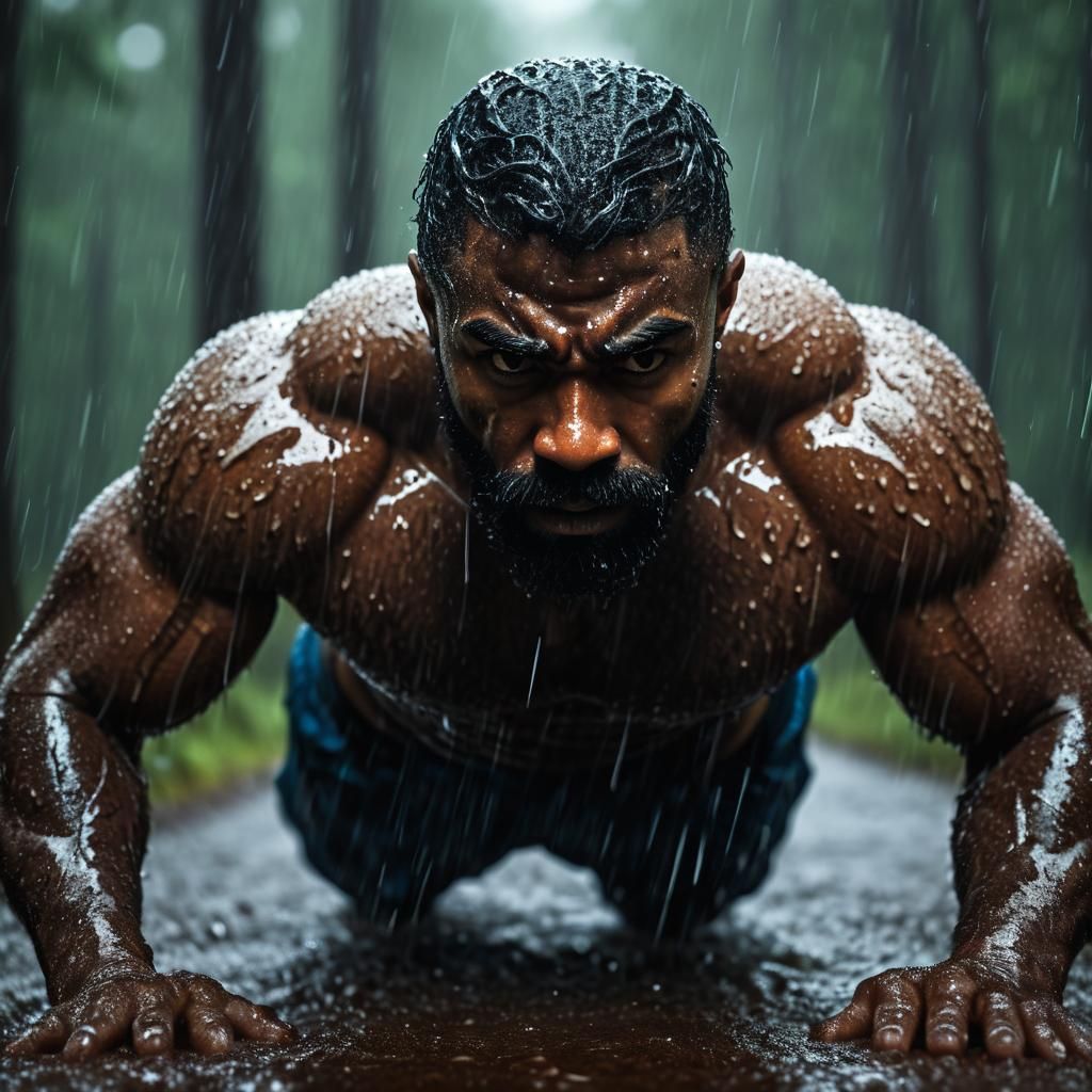 Hyperdetailed Man Doing Push-Ups in Stormy Forest