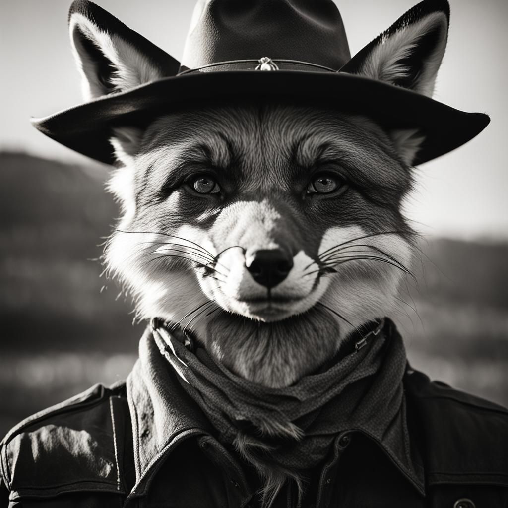 Anthro Fox Cowboy in Black and White Portrait