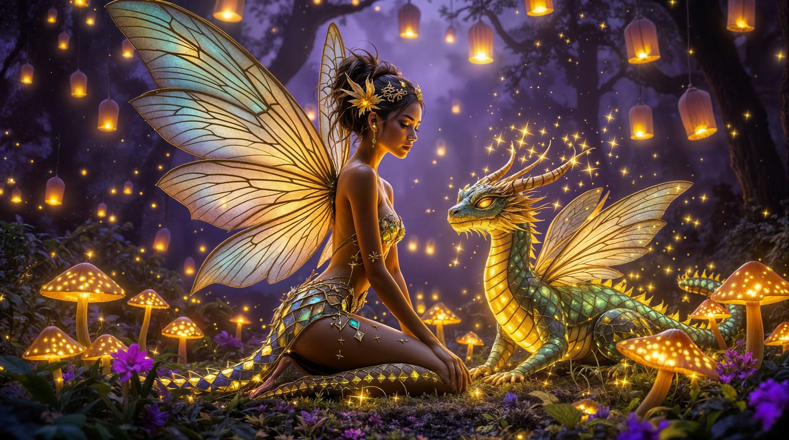 Whimsical Fairy and Dragon Scene in Enchanted Forest