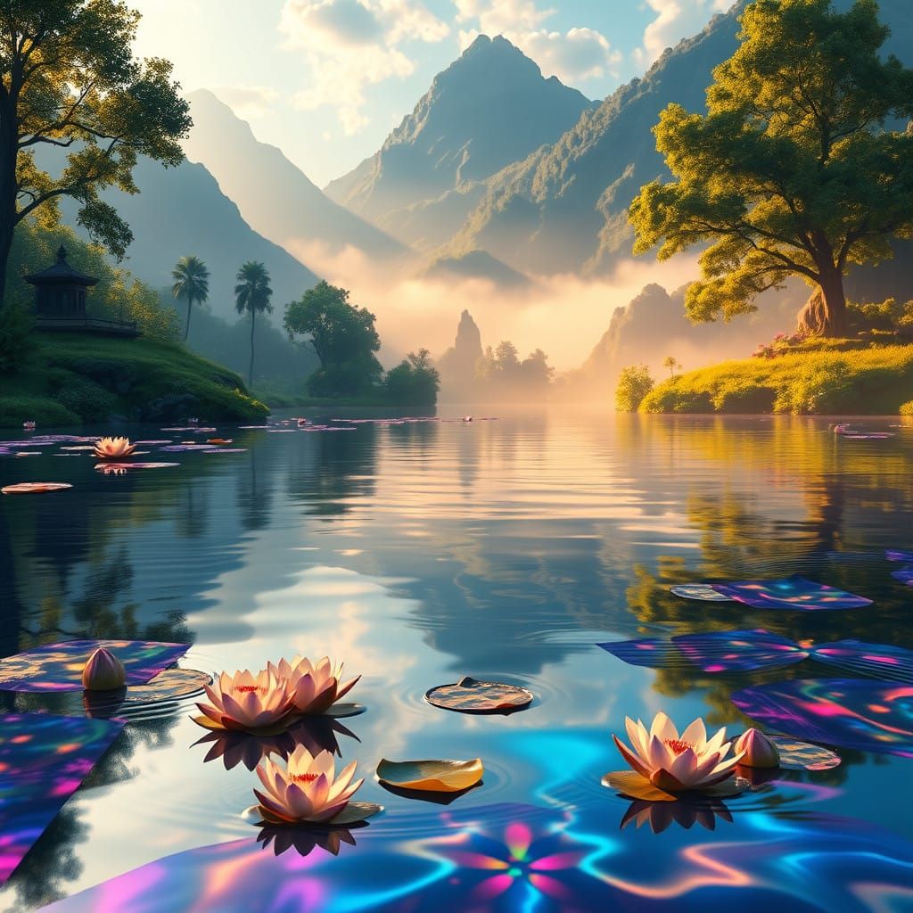 Dreamlike Water Reflections in Lush Greenery