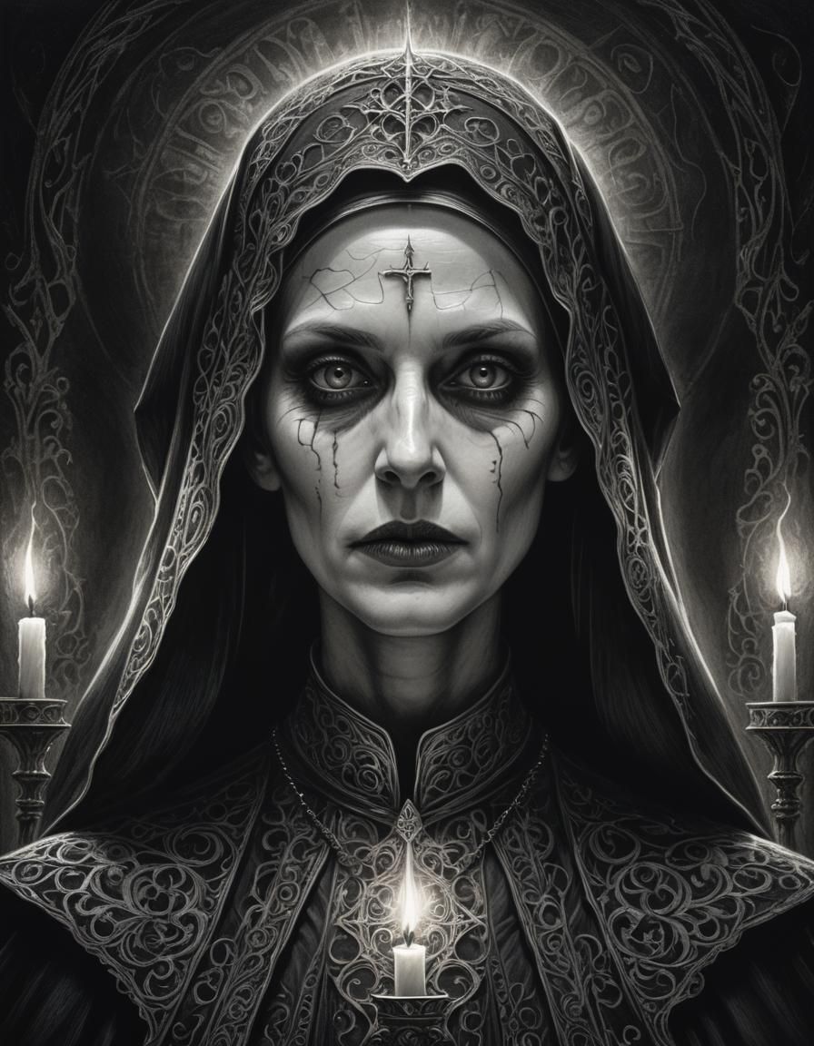 Mysterious Gothic Nun Portrait in Charcoal Style
