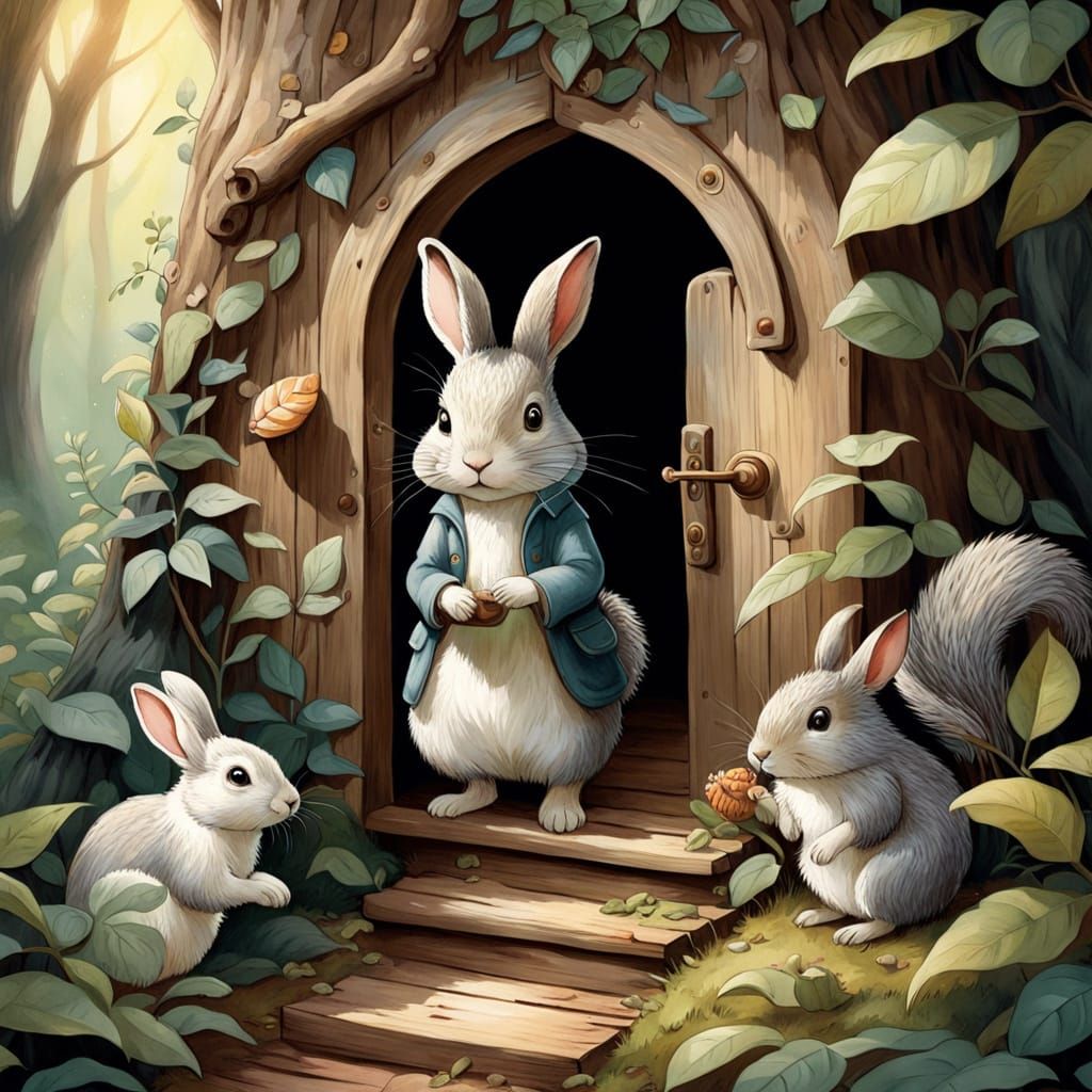 Watercolor Illustration of Animal Friends in Whimsical Fores...