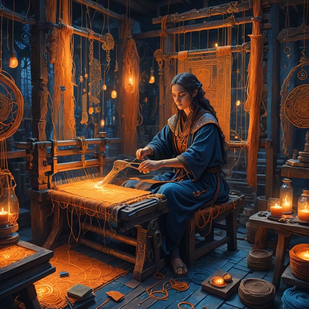 Mystical Weaver at Glowing Loom: Fantasy Concept Art