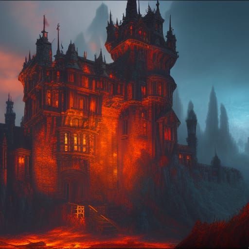 Sinister Castle with Fiery Skies in Fantasy Art