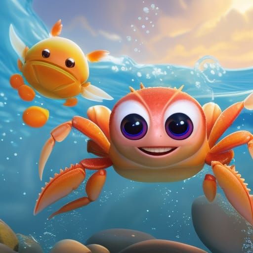 Adorable Baby Crab Splashing in Ocean, Pixar Style