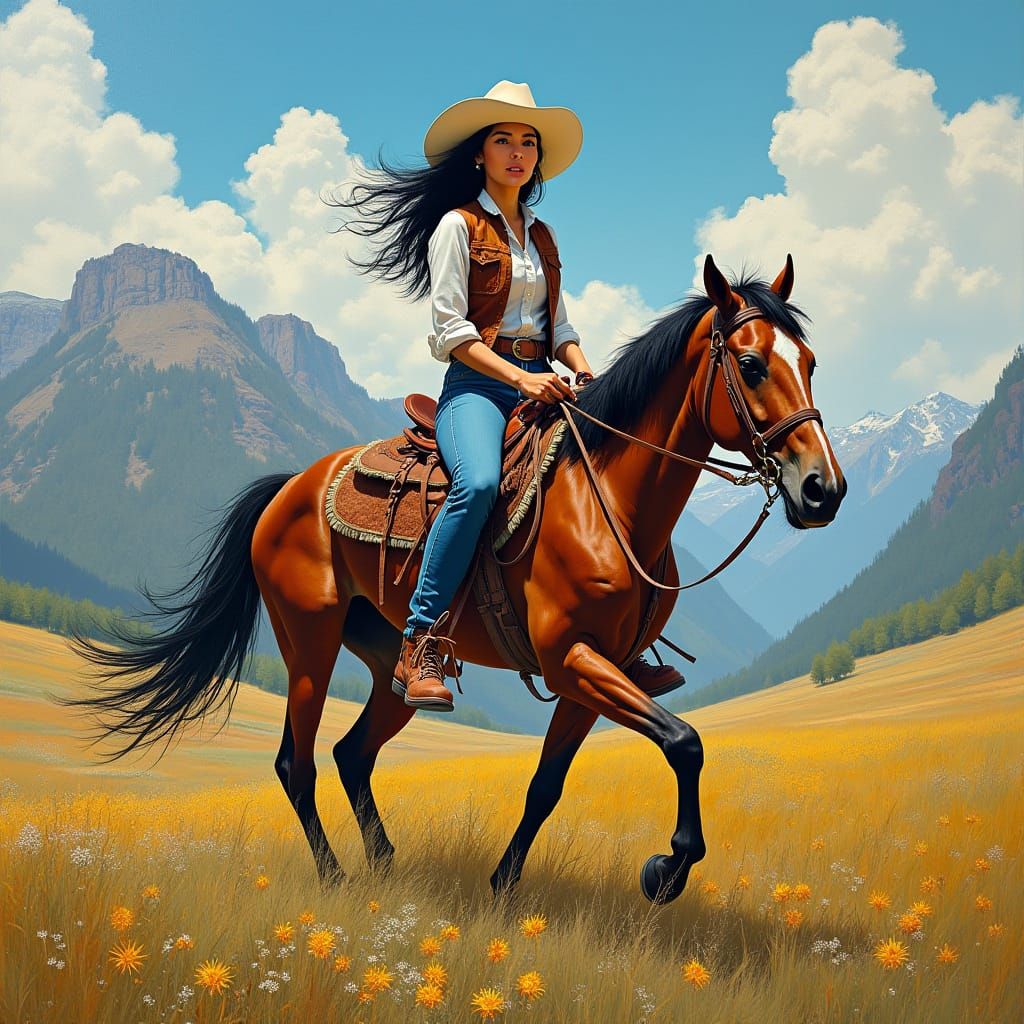 Surreal Woman on Horseback in Colorful Meadow